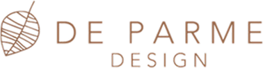 Logo of De Parme Design featuring a stylized leaf icon.