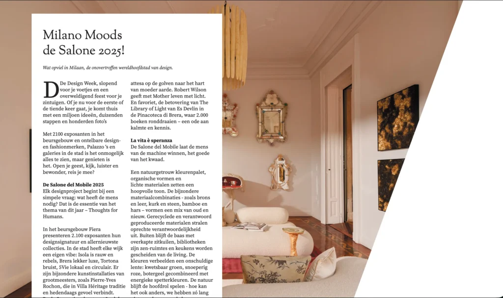 A cozy, elegantly decorated room with a beige sofa, gold-accented artwork, and ornate mirrors, reflecting a Milano design aesthetic.